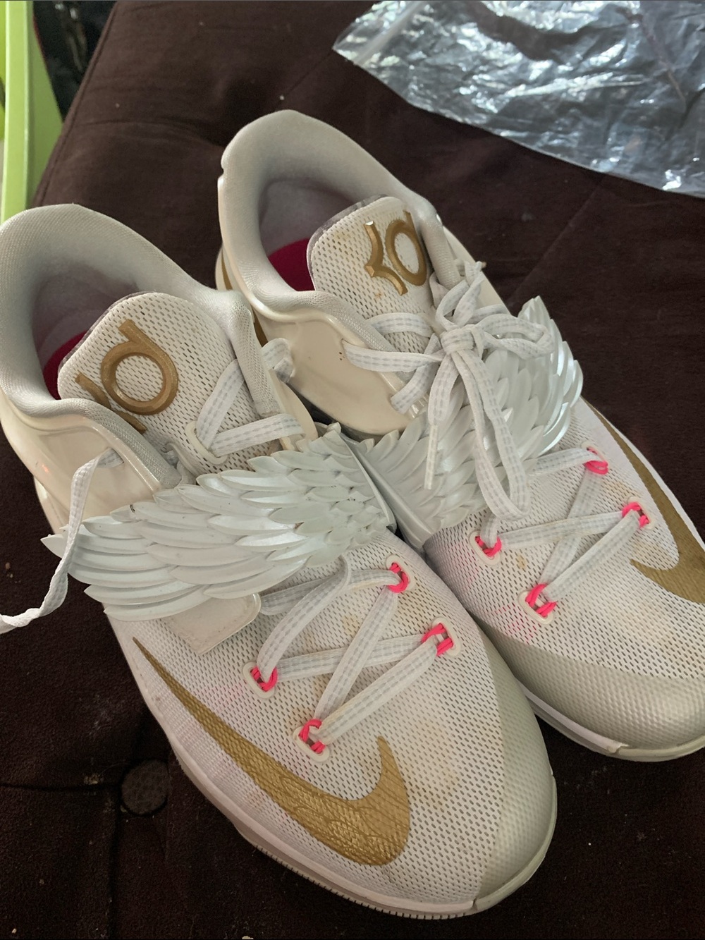 Nike White & Gold KD Basketball Shoes with Wing Strap and Pink Accents
